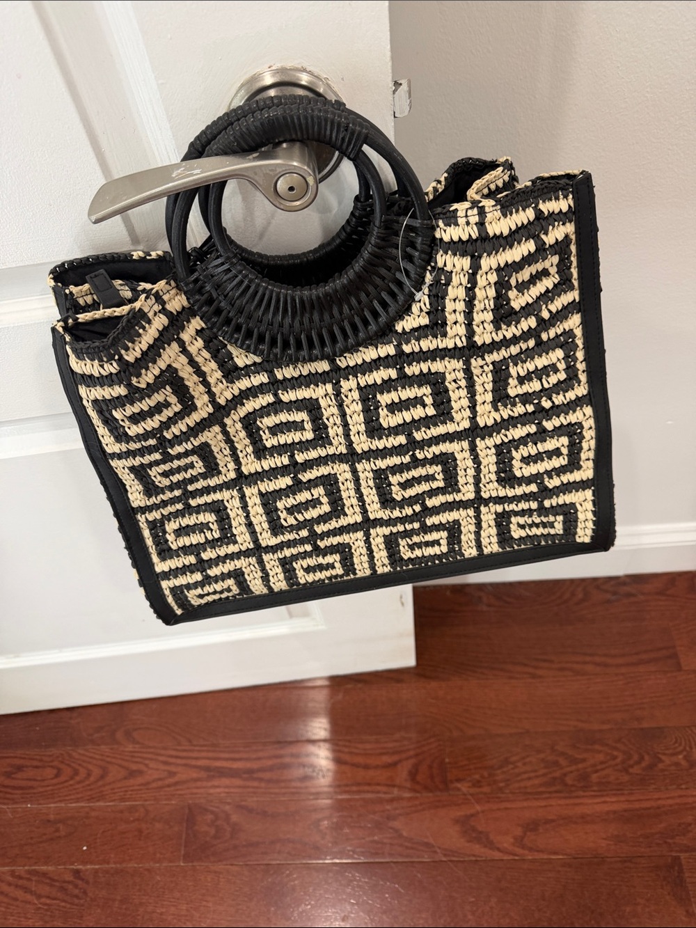 Woven Straw Tote Bag with Black Trim - Picture 2 of 2
